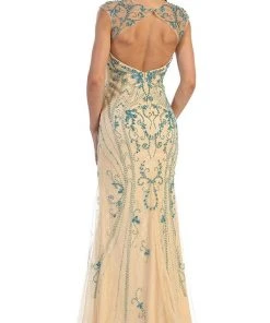 Formal Gowns May Queen - Sleeveless Beaded Lace Sheath Evening Gown