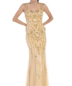 Formal Gowns May Queen - Sleeveless Beaded Lace Sheath Evening Gown