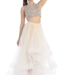 Formal Gowns May Queen - Sleeveless Two-Piece Beaded Top Hi-low Evening Dress