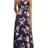 May Queen - Strapless Floral Print Evening Gown MQ1403 - 1 Pc Navy/Pink In Size 6 Available