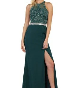 May Queen - Strappy Illusion Prom Dress With Slit Formal Gowns