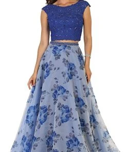 Formal Gowns May Queen - Two Piece Beaded Lace Floral Print Evening Gown