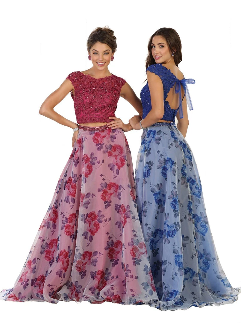 Formal Gowns May Queen - Two Piece Beaded Lace Floral Print Evening Gown 8 Formal Gowns May Queen - Two Piece Beaded Lace Floral Print Evening Gown