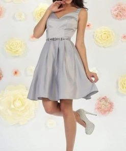Cocktail Dresses May Queen - V-Neck Embellished Short Dress MQ1477 - 1 Pc Silver In Size 18 Available