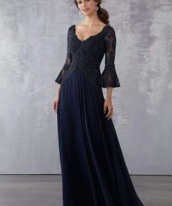 MGNY By Mori Lee - 71704 Embroidered Bell Sleeve V-neck A-line Dress Formal Gowns