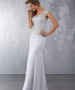 MGNY By Mori Lee - 71722 Beaded Lace V-Neck Evening Dress Formal Gowns