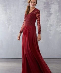 MGNY By Mori Lee - 71727 Lace Appliqued V-Neck A-Line Dress Formal Gowns