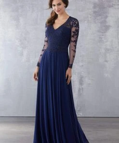 MGNY By Mori Lee - 71727 Lace Appliqued V-Neck A-Line Dress Formal Gowns 10 MGNY By Mori Lee - 71727 Lace Appliqued V-Neck A-Line Dress Formal Gowns