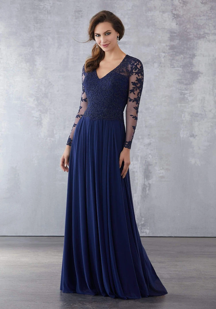 MGNY By Mori Lee - 71727 Lace Appliqued V-Neck A-Line Dress Formal Gowns 6 MGNY By Mori Lee - 71727 Lace Appliqued V-Neck A-Line Dress Formal Gowns