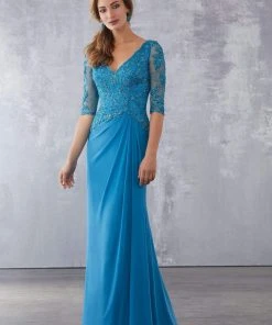 Formal Gowns MGNY By Mori Lee - 71728 Embroidered Plunging V-neck Sheath Dress