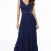 Formal Gowns MGNY By Mori Lee - 72131SC Pleated Sleeveless V-neck Long Dress - 1 Pc Navy In Size 8 Available