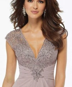 MGNY By Mori Lee - Beaded Lace Gathered Waist Chiffon Dress 72129SC - 1 Pc Dusty Lilac In Size 18 Available