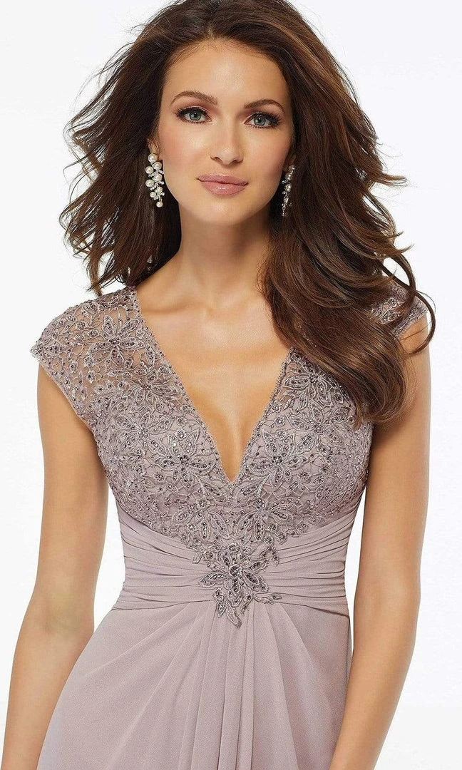 MGNY By Mori Lee - Beaded Lace Gathered Waist Chiffon Dress 72129SC - 1 Pc Dusty Lilac In Size 18 Available 4 MGNY By Mori Lee - Beaded Lace Gathered Waist Chiffon Dress 72129SC - 1 Pc Dusty Lilac In Size 18 Available