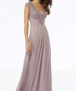 MGNY By Mori Lee - Beaded Lace Gathered Waist Chiffon Dress 72129SC - 1 Pc Dusty Lilac In Size 18 Available
