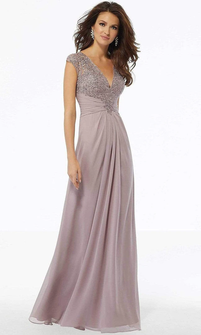 MGNY By Mori Lee - Beaded Lace Gathered Waist Chiffon Dress 72129SC - 1 Pc Dusty Lilac In Size 18 Available 3 MGNY By Mori Lee - Beaded Lace Gathered Waist Chiffon Dress 72129SC - 1 Pc Dusty Lilac In Size 18 Available