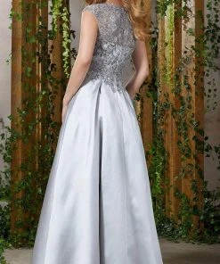 Formal Gowns MGNY By Mori Lee - Beaded Lace V-Neck Satin Dress 71904SC - 1 Pc Silver In Size 4 Available 5 Formal Gowns MGNY By Mori Lee - Beaded Lace V-Neck Satin Dress 71904SC - 1 Pc Silver In Size 4 Available