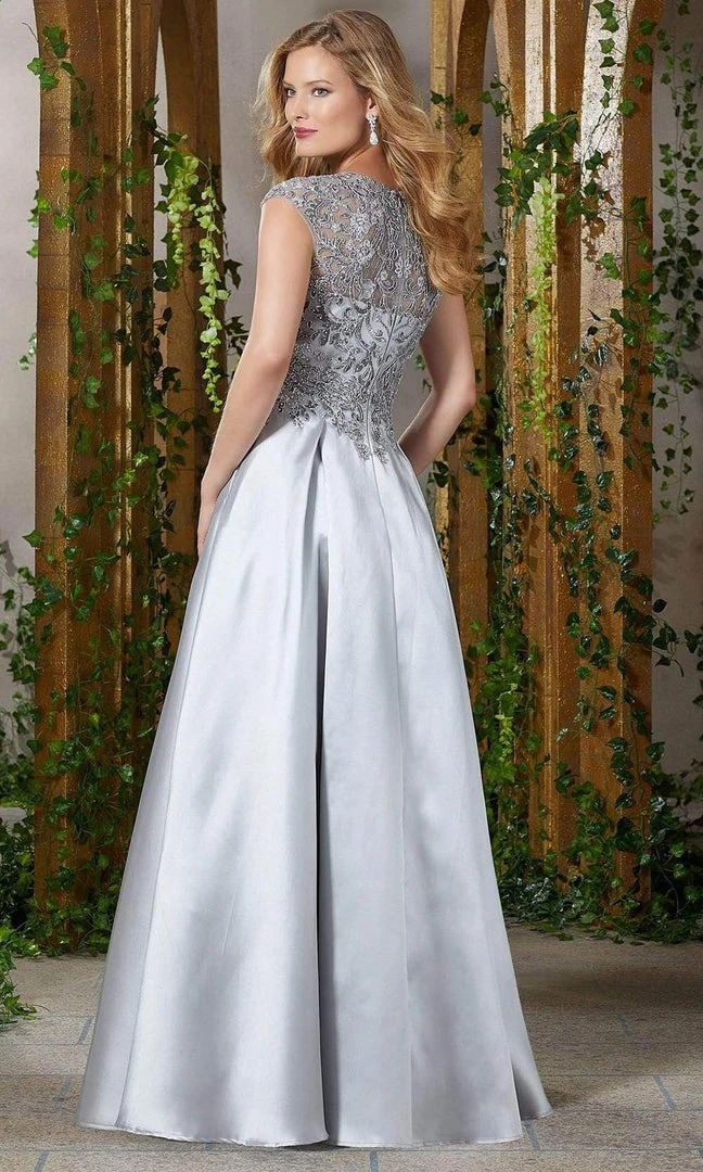 Formal Gowns MGNY By Mori Lee - Beaded Lace V-Neck Satin Dress 71904SC - 1 Pc Silver In Size 4 Available 4 Formal Gowns MGNY By Mori Lee - Beaded Lace V-Neck Satin Dress 71904SC - 1 Pc Silver In Size 4 Available