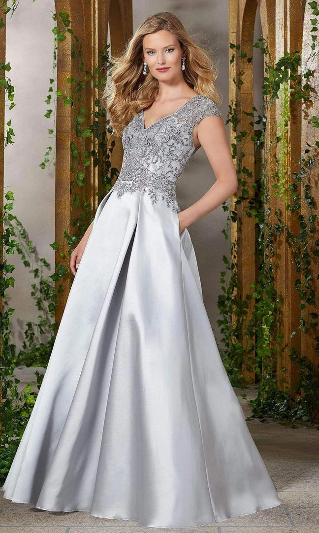 Formal Gowns MGNY By Mori Lee - Beaded Lace V-Neck Satin Dress 71904SC - 1 Pc Silver In Size 4 Available 3 Formal Gowns MGNY By Mori Lee - Beaded Lace V-Neck Satin Dress 71904SC - 1 Pc Silver In Size 4 Available