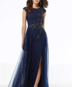 Formal Gowns MGNY By Mori Lee - Cap Sleeve Beaded Overskirt Dress 72102SC - 1 Pc Silver In Size 12 Available