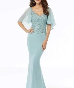 Formal Gowns MGNY By Mori Lee - Flutter Sleeve Beaded Lace Dress 72124 - 1 Pc Deep Aqua In Size 6 Available