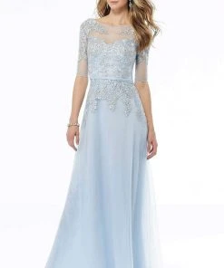 MGNY By Mori Lee - Illusion Beaded Lace A-Line Dress 72128SC - 1 Pc Light Blue In Size 18 Available Formal Gowns