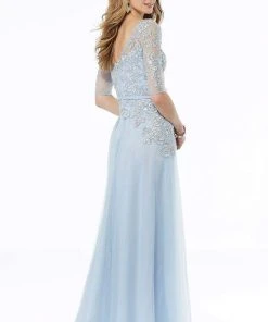 MGNY By Mori Lee - Illusion Beaded Lace A-Line Dress 72128SC - 1 Pc Light Blue In Size 18 Available Formal Gowns
