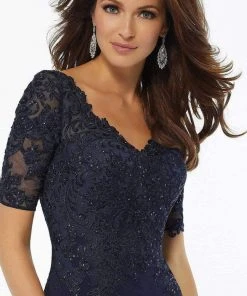 MGNY By Mori Lee - Illusion V-Neck Embroidered Gown 72108SC - 1 Pc Navy In Size 8 Available