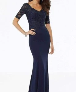 MGNY By Mori Lee - Illusion V-Neck Embroidered Gown 72108SC - 1 Pc Navy In Size 8 Available