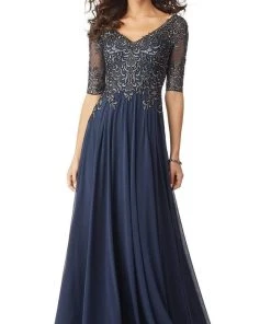 MGNY By Mori Lee - Metallic Embroidered A-Line Gown 71805SC - 1 Pc Indigo In Size 18 Available Formal Gowns