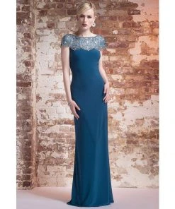 MIGNON - Jeweled Cap Sleeve Jersey Gown AL1889B