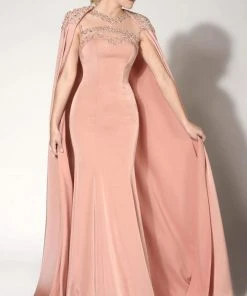 Formal Gowns MNM Couture - 10840 Embellished Illusion Caped Gown