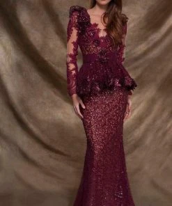 Formal Gowns MNM Couture - 2138 Vine Appliqued Peplum Gown