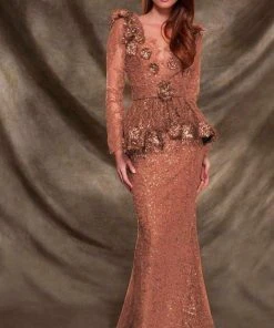 Formal Gowns MNM Couture - 2138 Vine Appliqued Peplum Gown