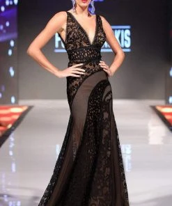 MNM Couture - 2289 V-Neck Mesh And Lace Evening Dress Formal Gowns