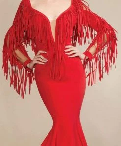 Formal Gowns MNM Couture - 2340 Fringe Deep V-neck Mermaid Dress