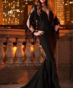 Formal Gowns MNM Couture - 2340 Fringe Deep V-neck Mermaid Dress