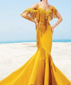 MNM Couture - 2347 Embellished Cold Shoulder Fringed Evening Gown Formal Gowns