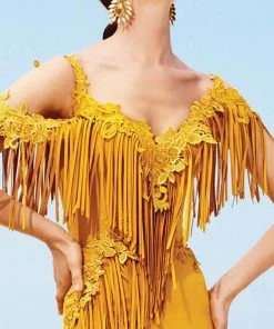 MNM Couture - 2347 Embellished Cold Shoulder Fringed Evening Gown Formal Gowns