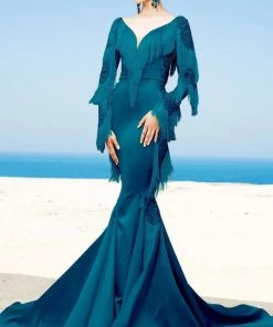 MNM Couture - 2350 Embroidered V-neck Mermaid Dress Formal Gowns