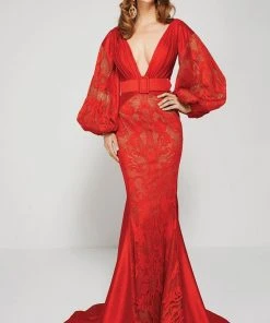 MNM Couture - 2372 Laced Deep V-Neck Trumpet Dress Formal Gowns