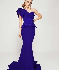Formal Gowns MNM Couture - 2375 Floral Asymmetric Mermaid Dress