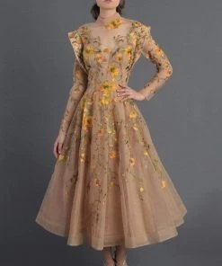 MNM Couture - 2401A Floral Embroidered Long Sleeve Tea Length Dress