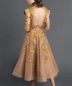 MNM Couture - 2401A Floral Embroidered Long Sleeve Tea Length Dress