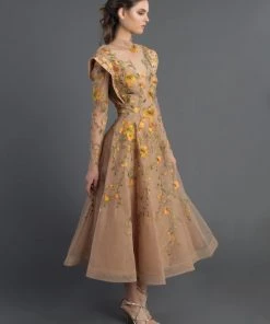 MNM Couture - 2401A Floral Embroidered Long Sleeve Tea Length Dress