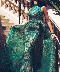 MNM COUTURE - 2416 Sleeveless Sequin Ornate Overlay Train Evening Gown
