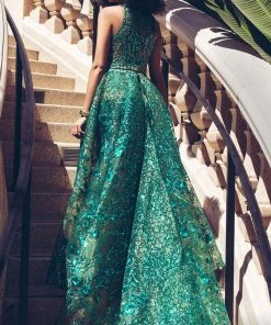 MNM COUTURE - 2416 Sleeveless Sequin Ornate Overlay Train Evening Gown