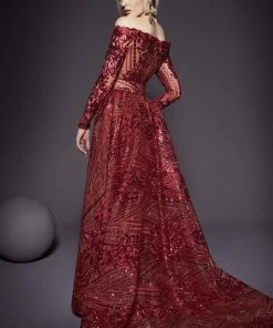 MNM Couture - 2440 Sequined Scalloped Off-Shoulder Gown With Overskirt