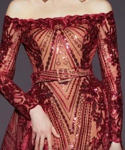 MNM Couture - 2440 Sequined Scalloped Off-Shoulder Gown With Overskirt