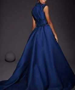 MNM COUTURE - 2444 Floral Applique High Neck Ballgown With Train Formal Gowns