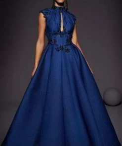 MNM COUTURE - 2444 Floral Applique High Neck Ballgown With Train Formal Gowns
